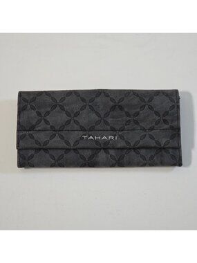 Tahari Grey Geometric Embossed Long Wallet Clutch RFID Identity Protect Trifold